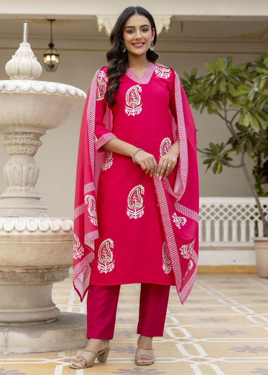 Bindiya Rani Pink Paisley Block Print Cotton Kurta Set