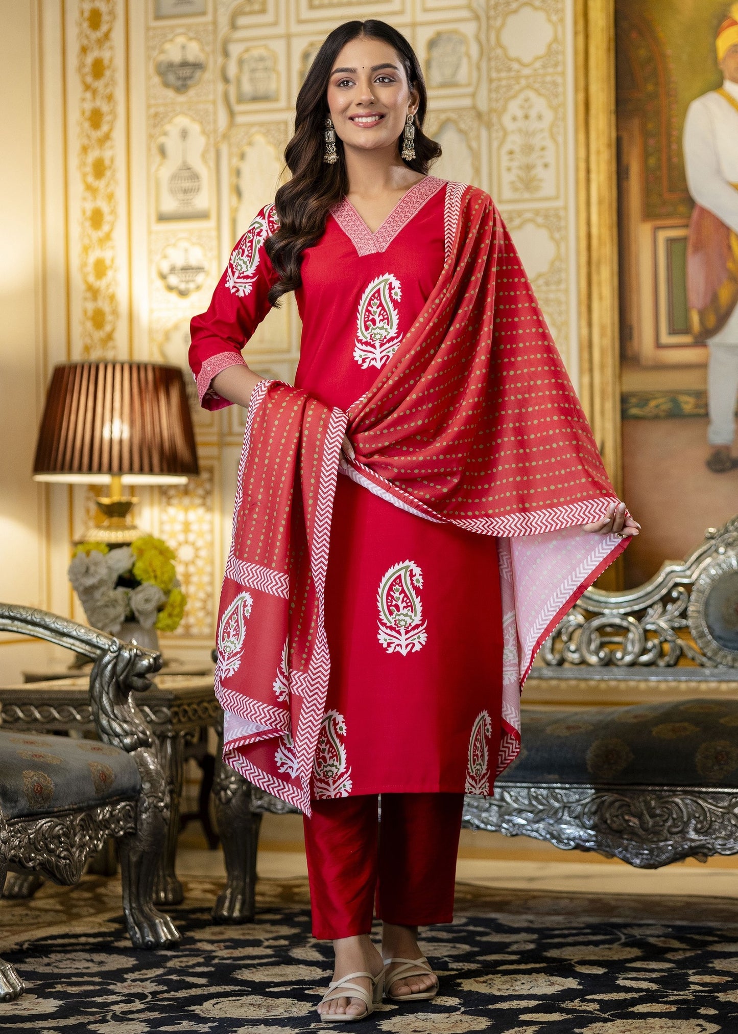 Bindiya Cherry Red Paisley Printed Kurta Set
