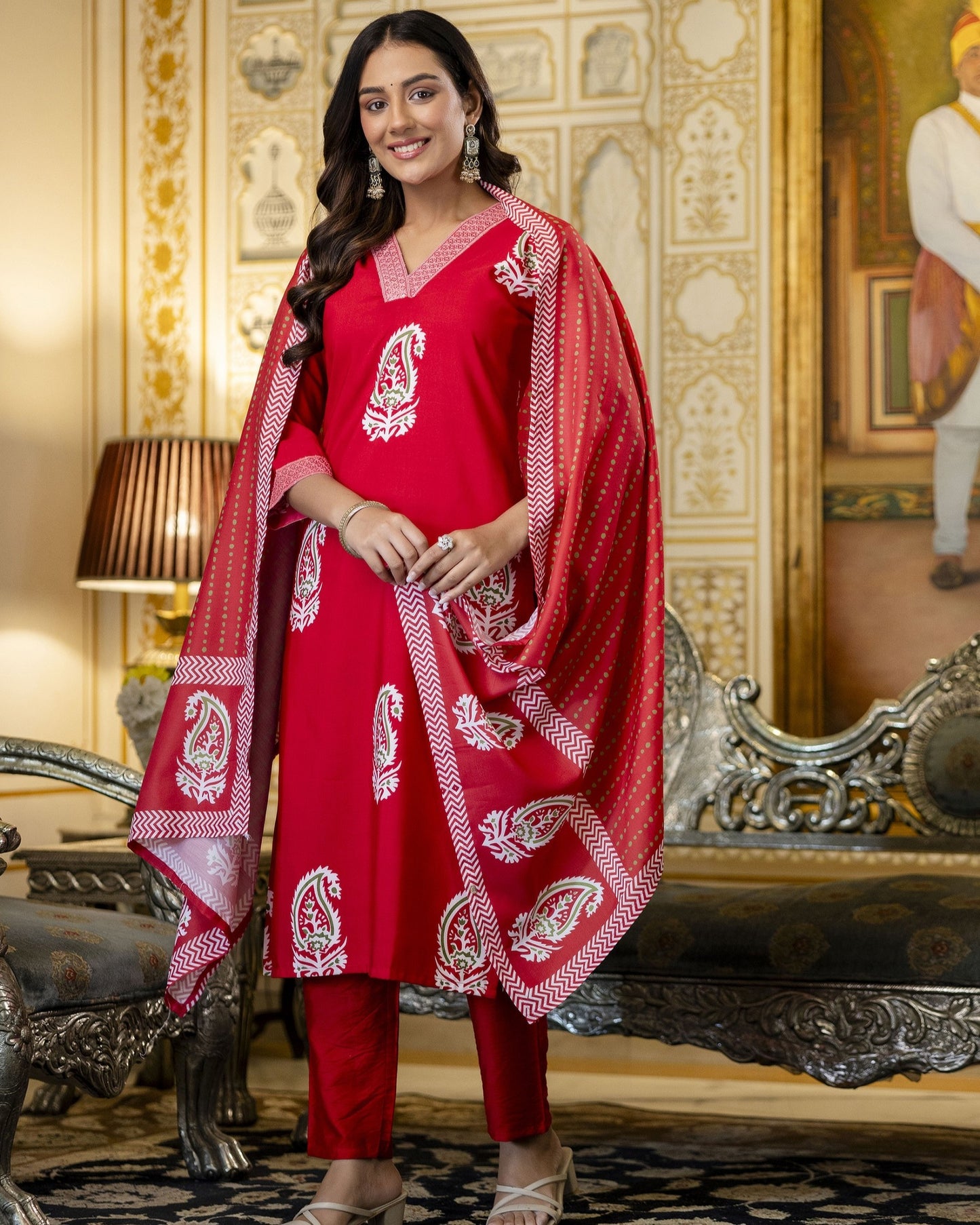 Bindiya Cherry Red Paisley Printed Kurta Set