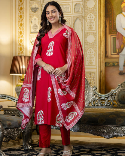 Bindiya Cherry Red Paisley Printed Kurta Set