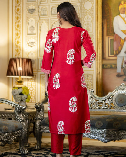 Bindiya Cherry Red Paisley Printed Kurta Set