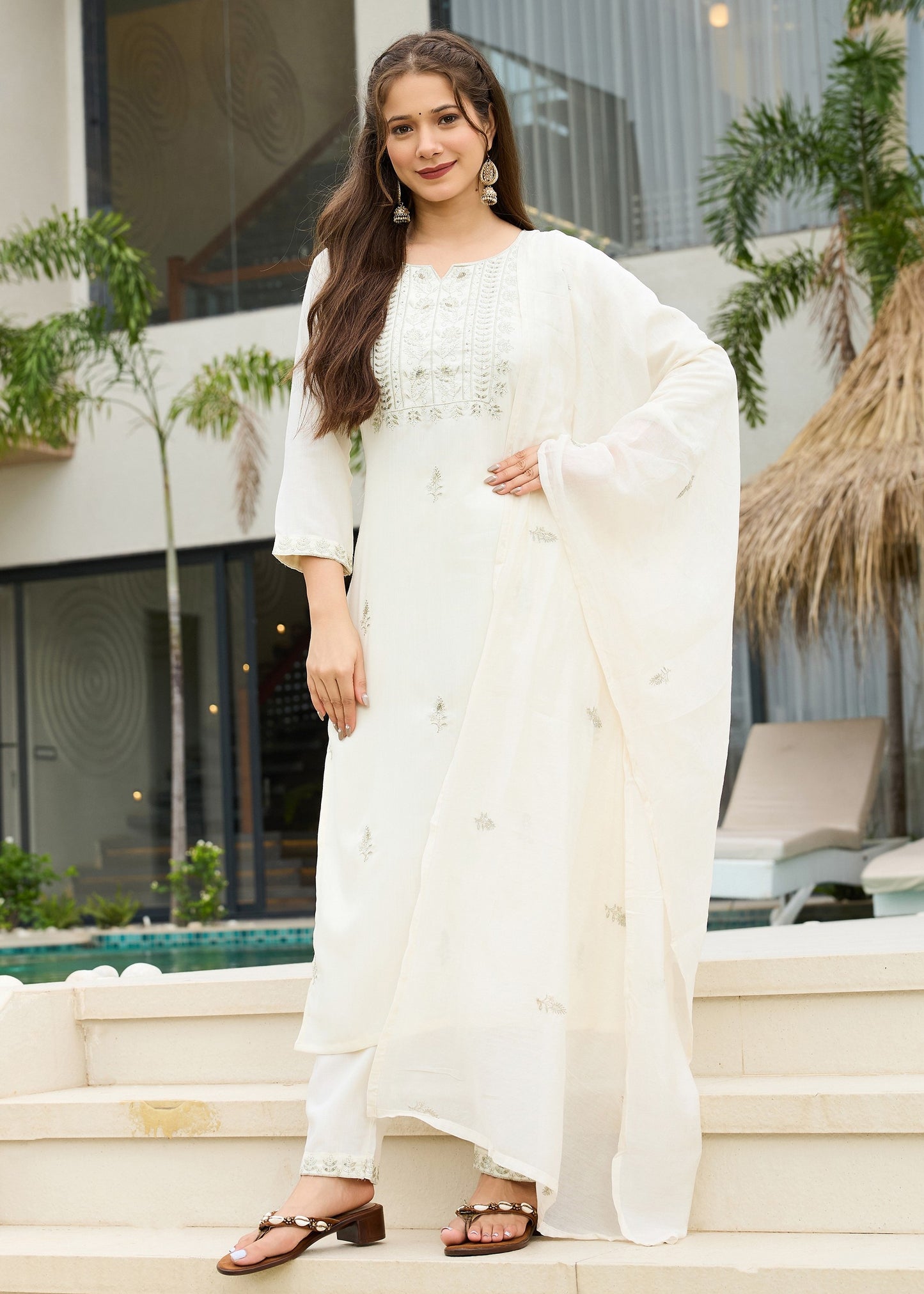 Shweta Ivory White Sage Green Embroidered Kurta Set