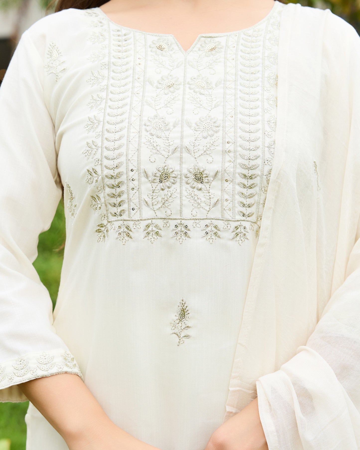 Shweta Ivory White Sage Green Embroidered Kurta Set