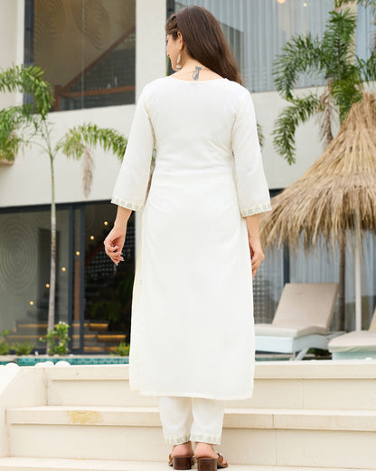 Shweta Ivory White Sage Green Embroidered Kurta Set