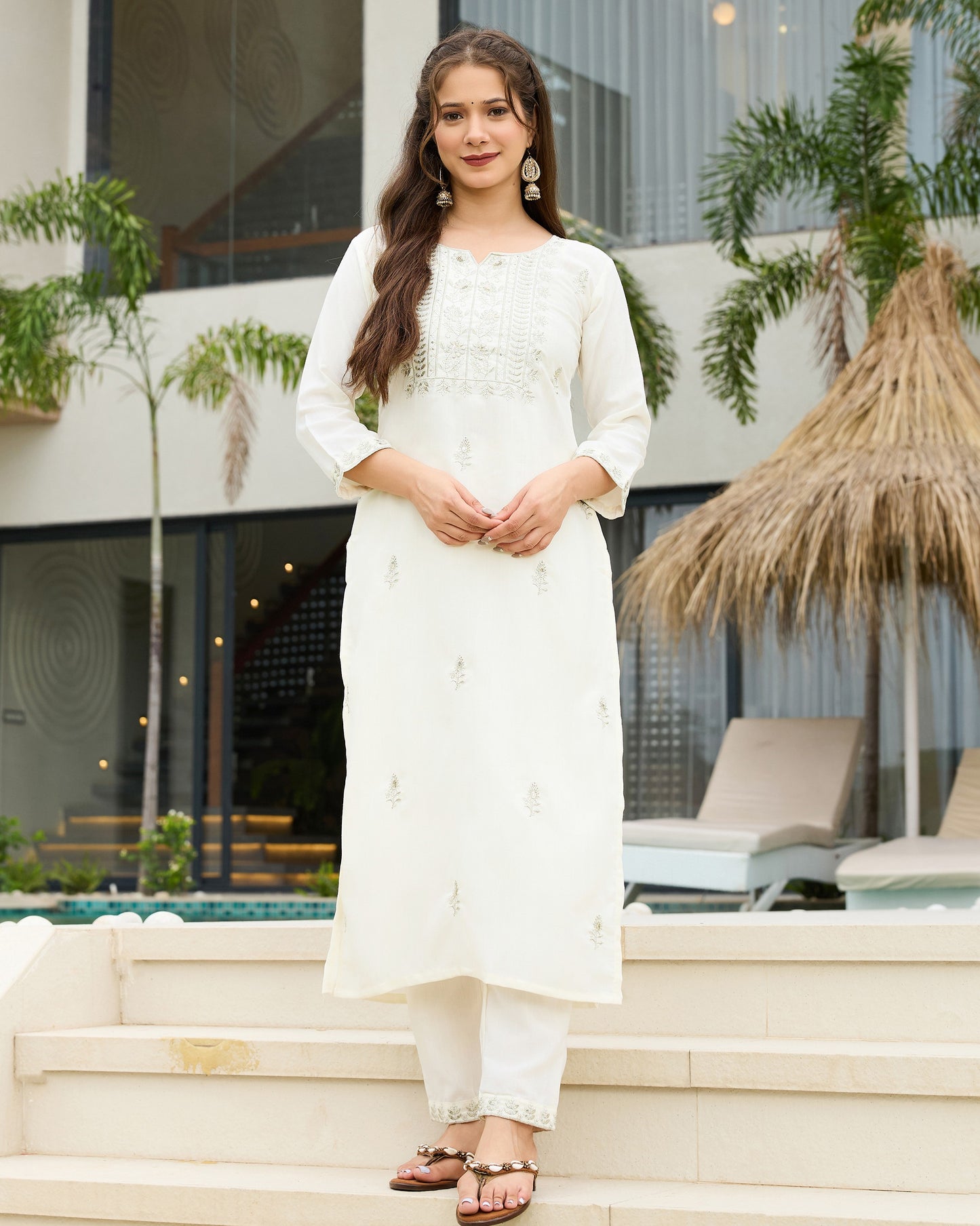 Shweta Ivory White Sage Green Embroidered Kurta Set