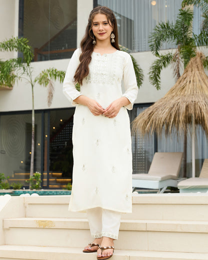 Shweta Ivory White Sage Green Embroidered Kurta Set