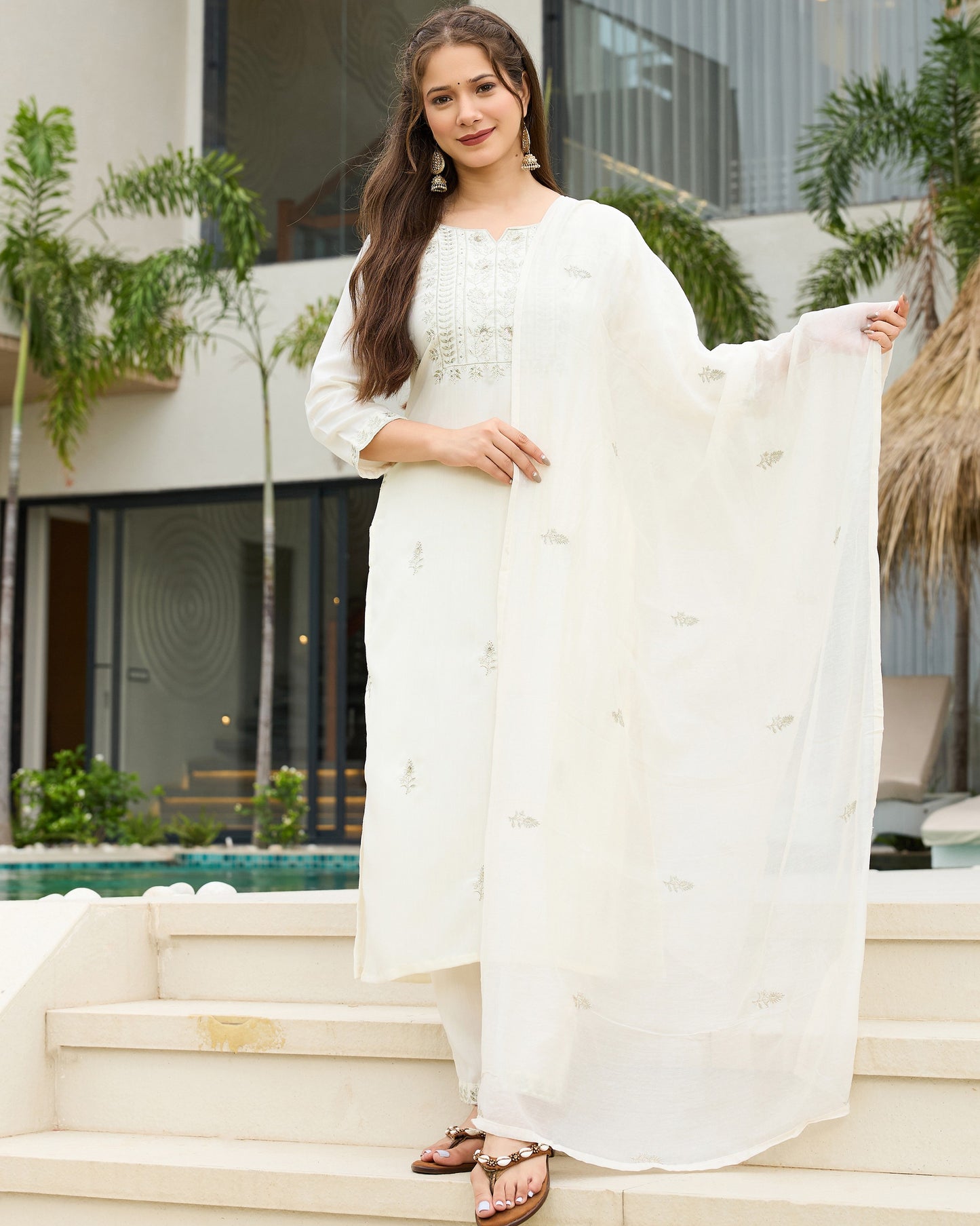 Shweta Ivory White Sage Green Embroidered Kurta Set