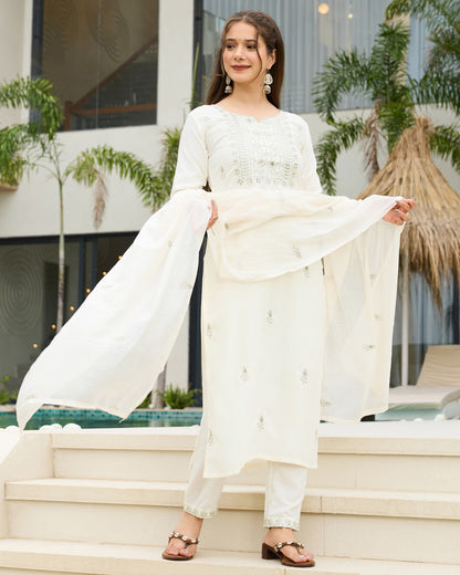 Shweta Ivory White Sage Green Embroidered Kurta Set