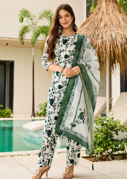 Gulbahar White and Bottle Green Floral Print Kurta Set