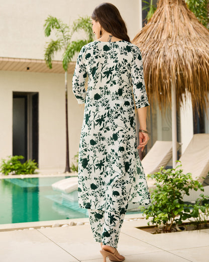 Gulbahar White and Bottle Green Floral Print Kurta Set