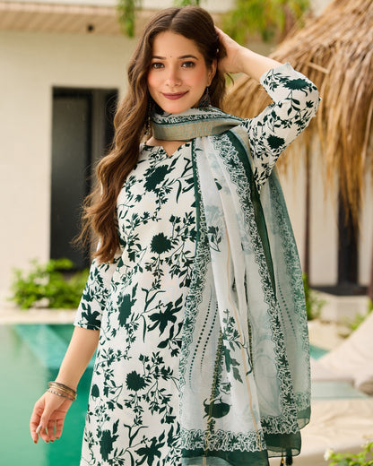 Gulbahar White and Bottle Green Floral Print Kurta Set