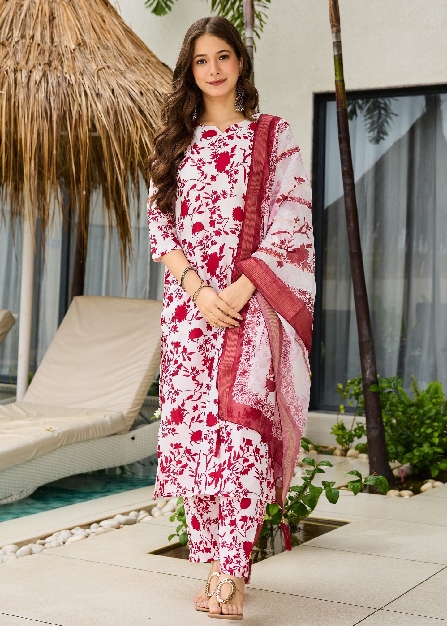 Gulbahar White & Maroon Floral Print Kurta Set