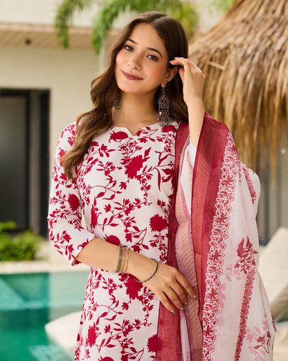 Gulbahar White & Maroon Floral Print Kurta Set