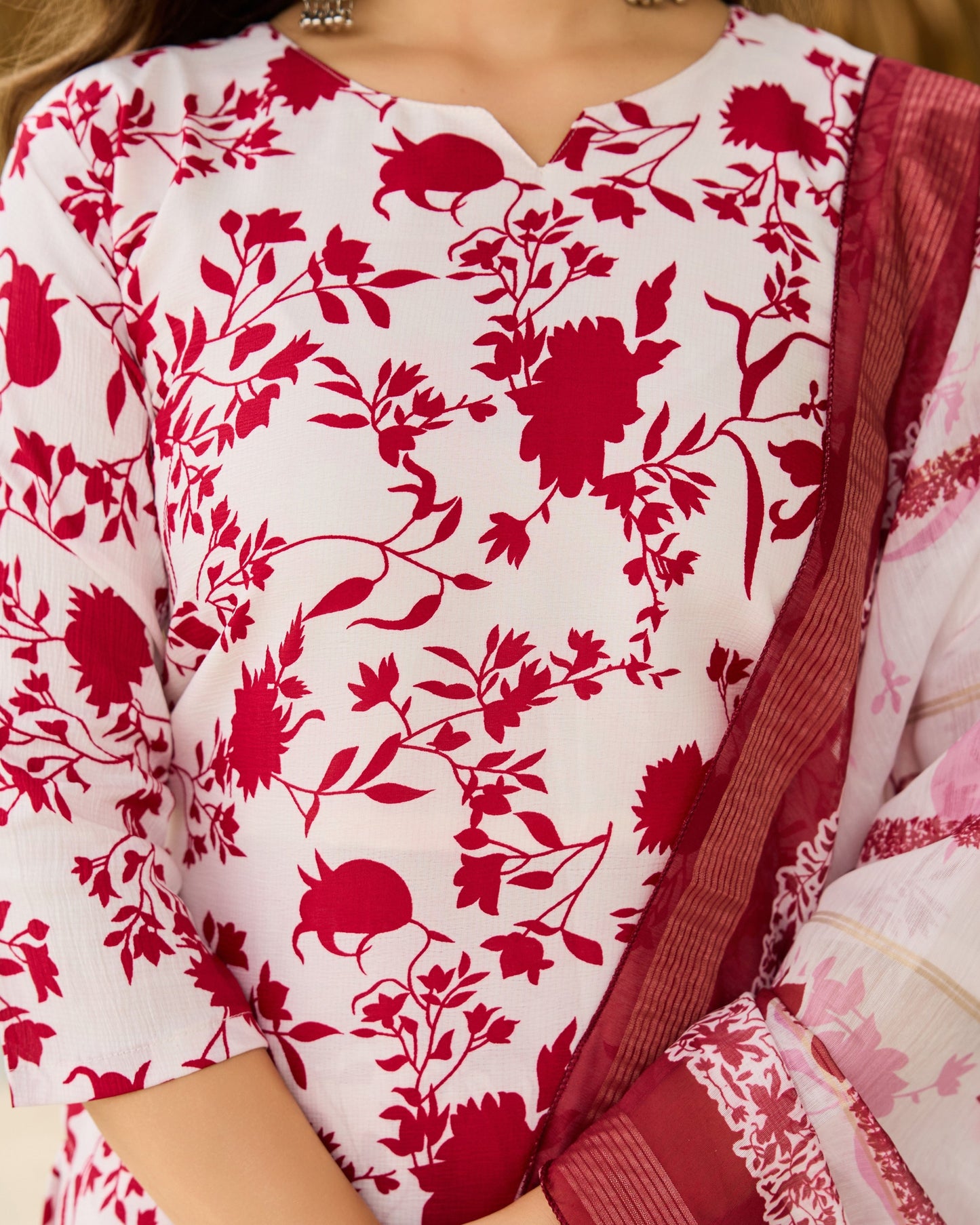 Gulbahar White & Maroon Floral Print Kurta Set