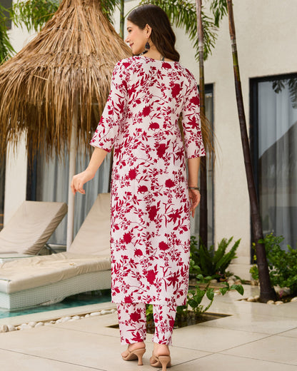 Gulbahar White & Maroon Floral Print Kurta Set