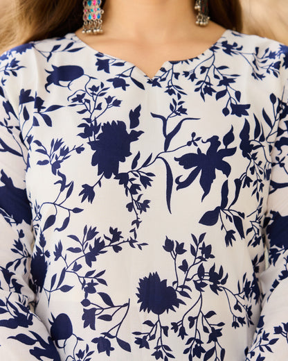 Gulbahar White & Navy Blue Floral Print Kurta Set