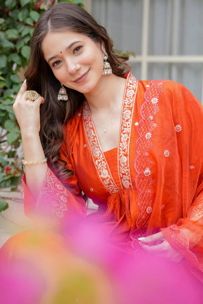 Bhaavna Orange Viscose Chanderi Embroidered Kurta Set