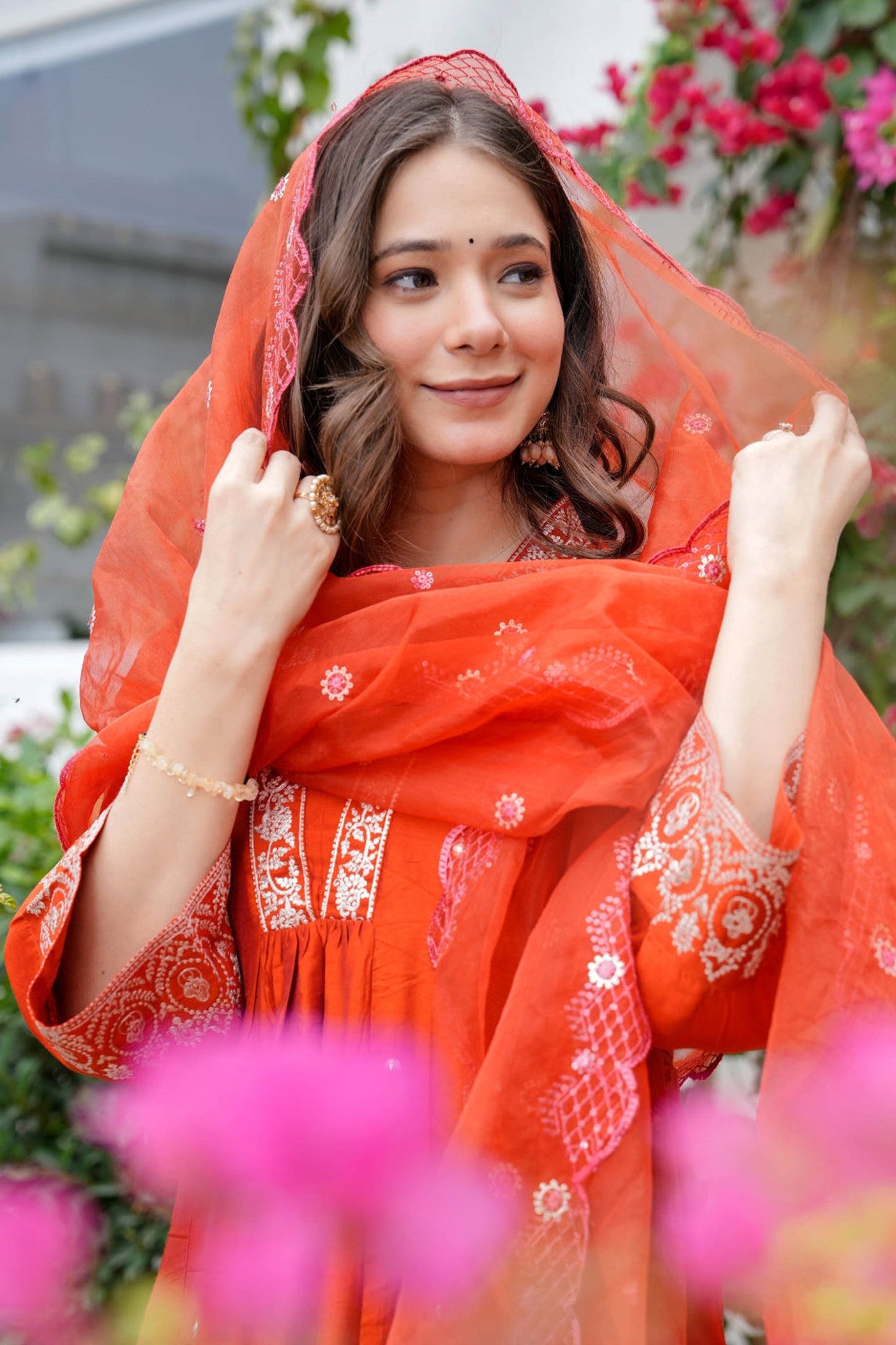 Bhaavna Orange Viscose Chanderi Embroidered Kurta Set