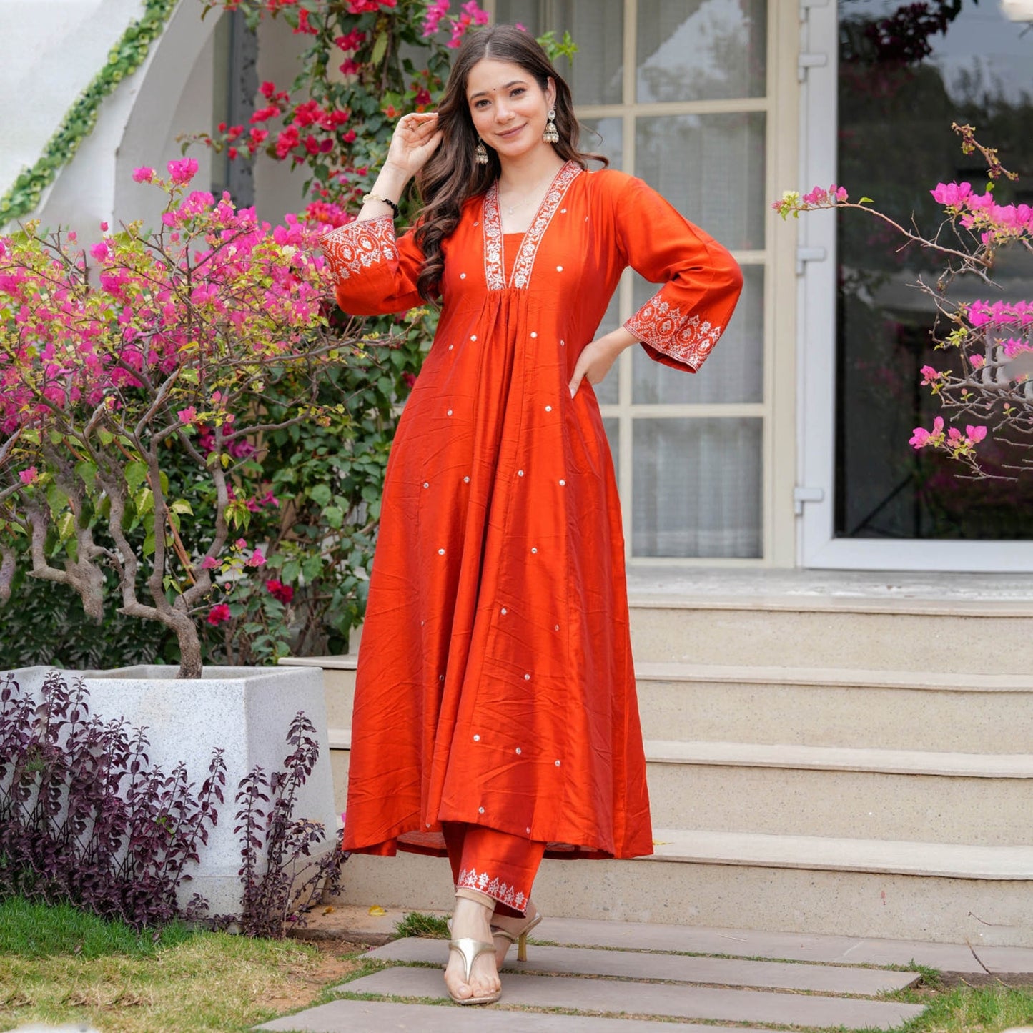 Bhaavna Orange Viscose Chanderi Embroidered Kurta Set