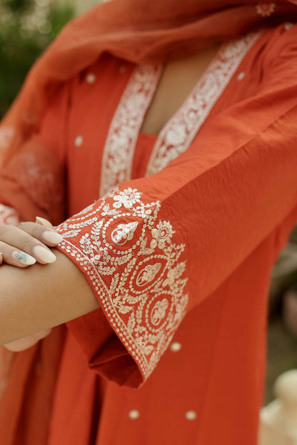 Bhaavna Orange Viscose Chanderi Embroidered Kurta Set