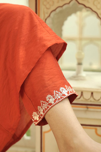 Bhaavna Orange Viscose Chanderi Embroidered Kurta Set