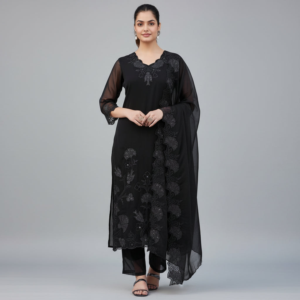 Raayka Noir Black Tone-on-Tone Floral Embroidered Kurta Set