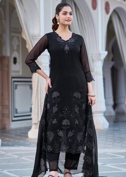 Raayka Noir Black Tone-on-Tone Floral Embroidered Kurta Set