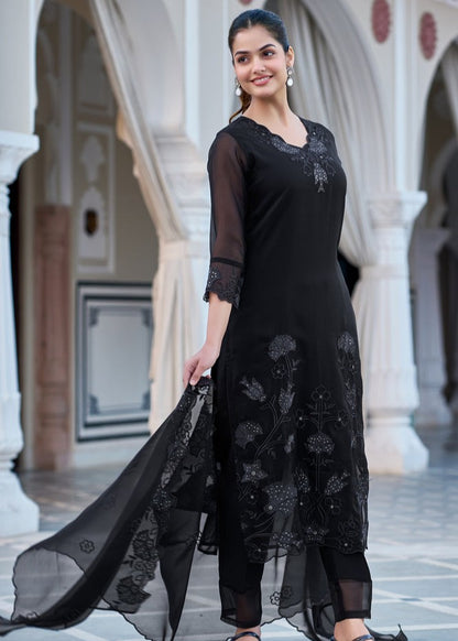 Raayka Noir Black Tone-on-Tone Floral Embroidered Kurta Set