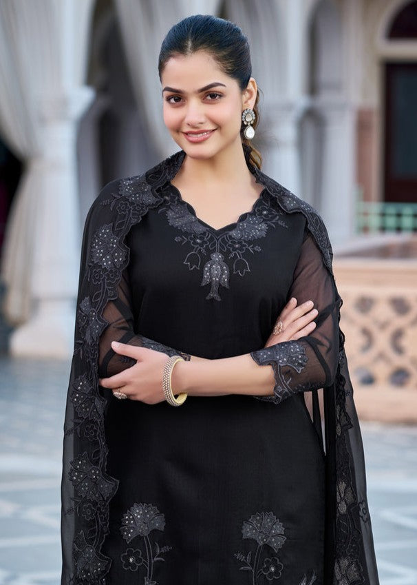 Raayka Noir Black Tone-on-Tone Floral Embroidered Kurta Set