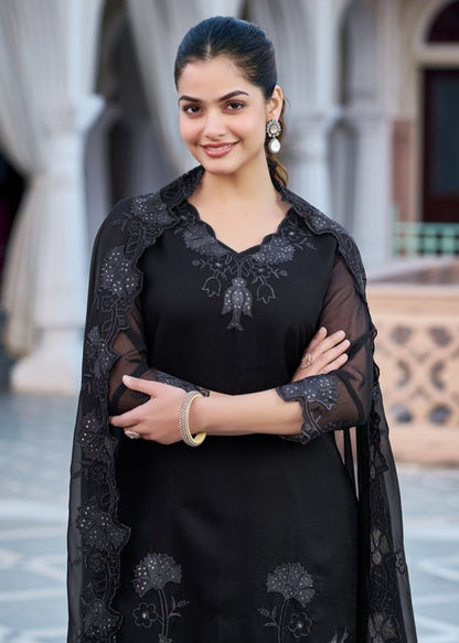 Raayka Noir Black Tone-on-Tone Floral Embroidered Kurta Set