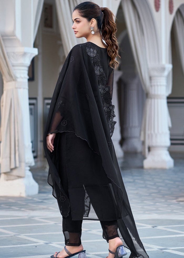 Raayka Noir Black Tone-on-Tone Floral Embroidered Kurta Set