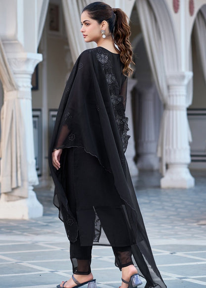 Raayka Noir Black Tone-on-Tone Floral Embroidered Kurta Set