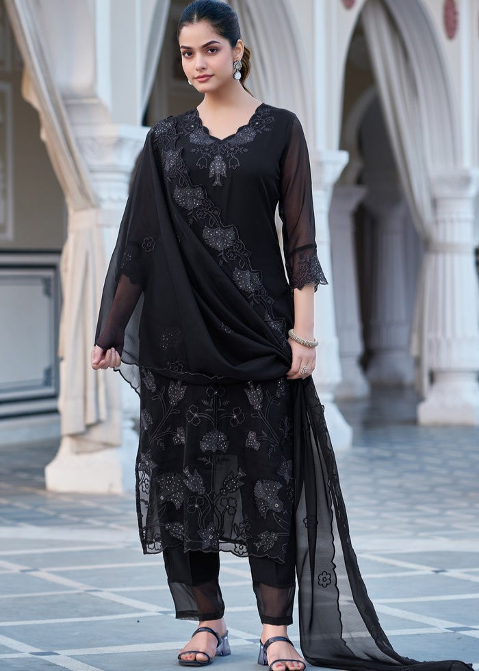 Raayka Noir Black Tone-on-Tone Floral Embroidered Kurta Set