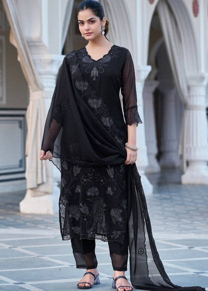 Raayka Noir Black Tone-on-Tone Floral Embroidered Kurta Set