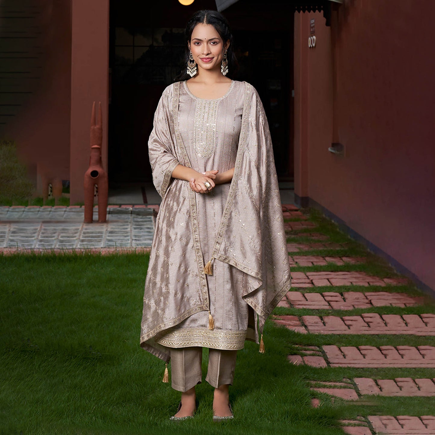 Shailja Taupe Beige Viscose Silk Embroidered Kurta Set