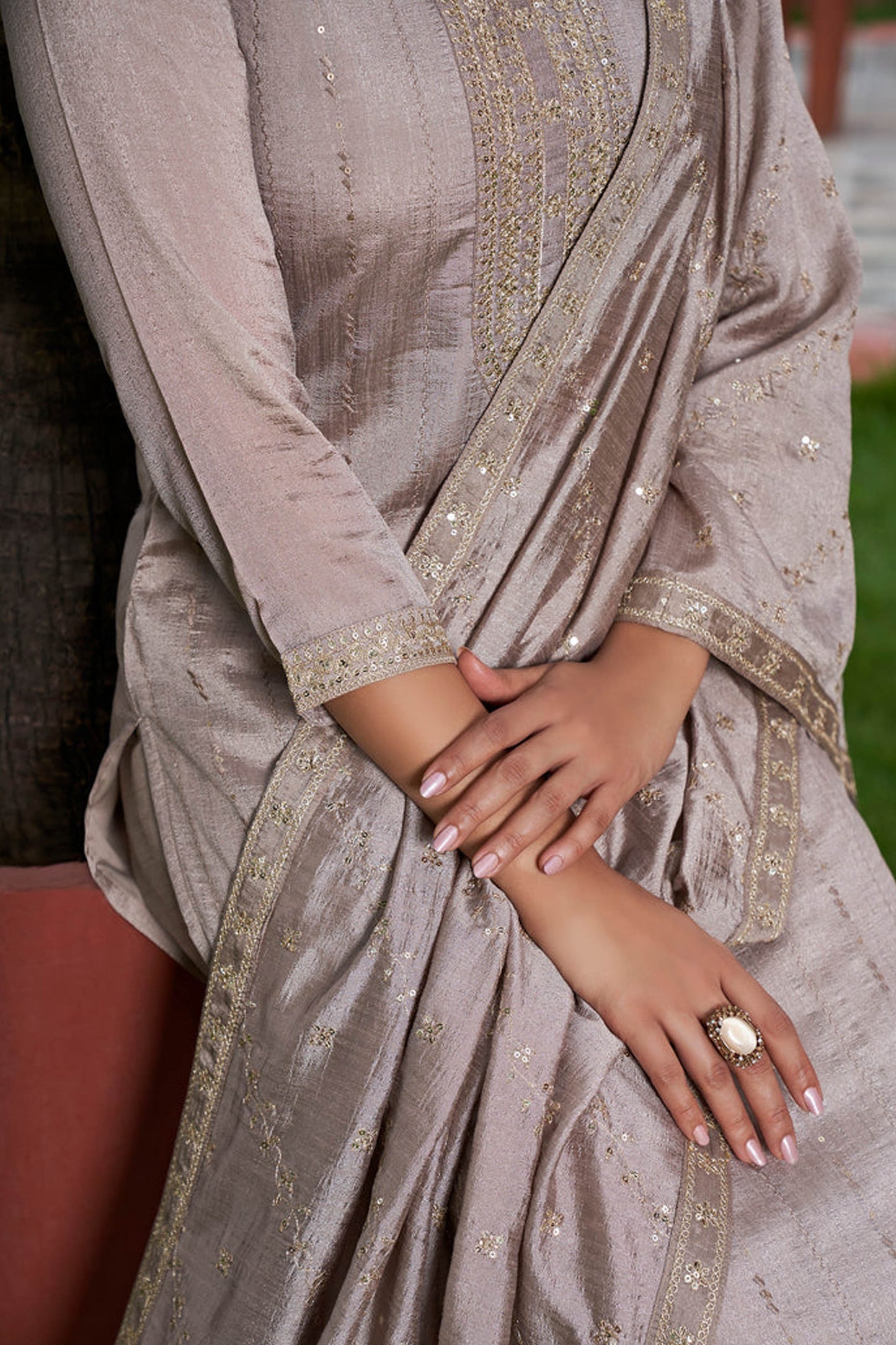 Shailja Taupe Beige Viscose Silk Embroidered Kurta Set