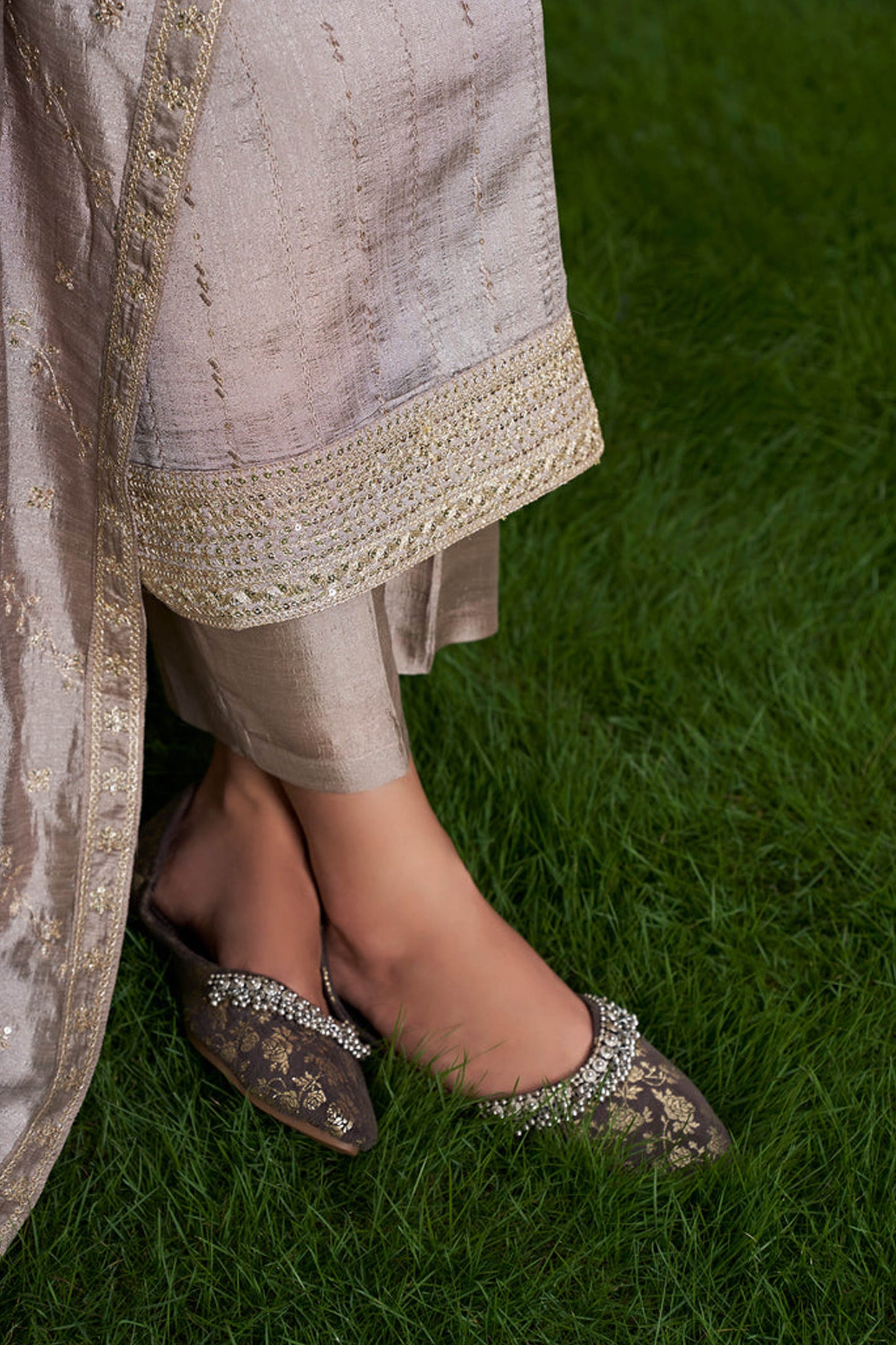 Shailja Taupe Beige Viscose Silk Embroidered Kurta Set