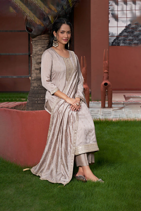 Shailja Taupe Beige Viscose Silk Embroidered Kurta Set