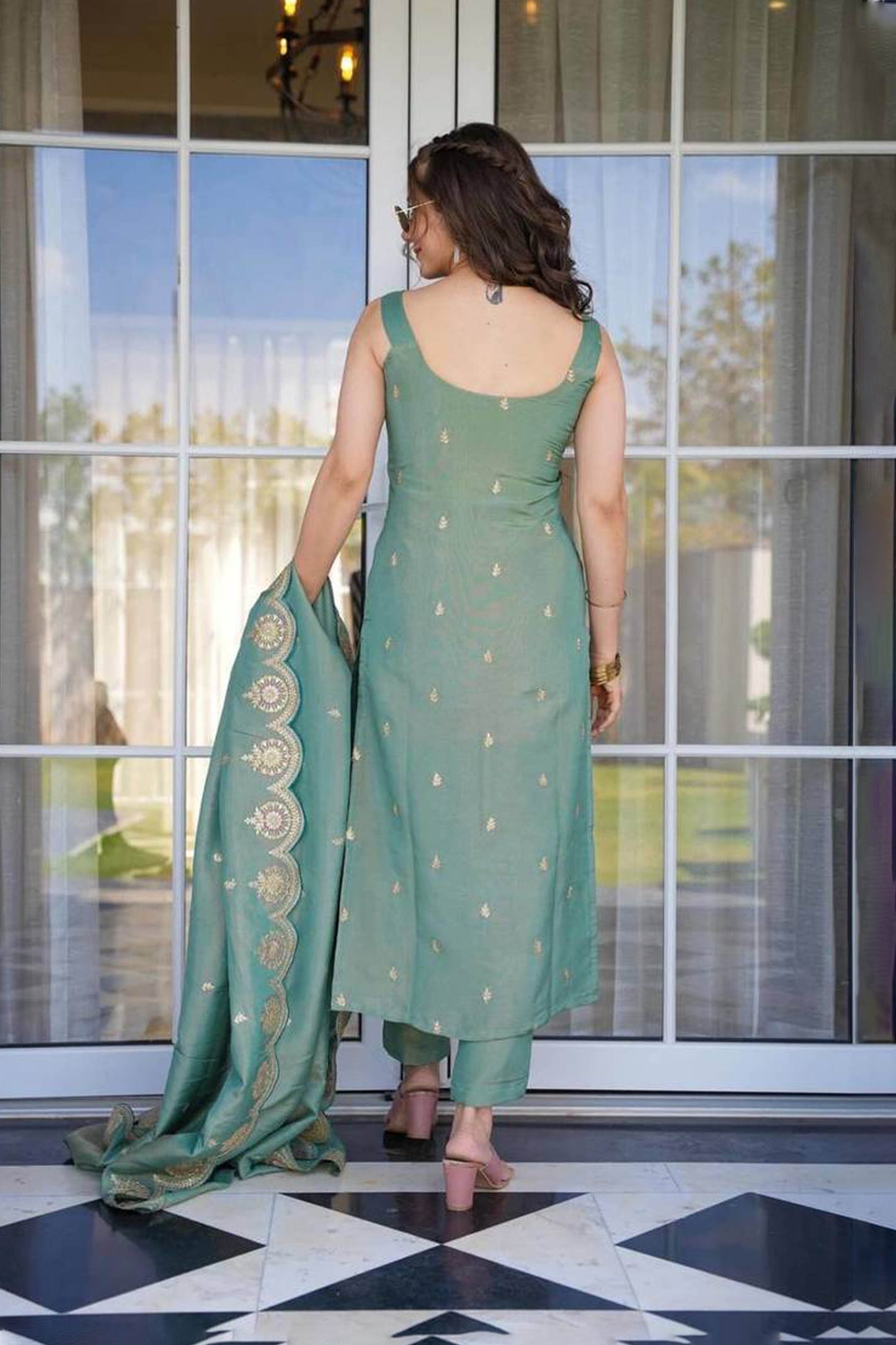 Trishla Teal Green Viscose Zari Chanderi Embroidered Kurta Set