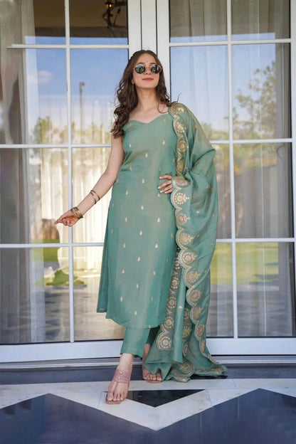 Trishla Teal Green Viscose Zari Chanderi Embroidered Kurta Set