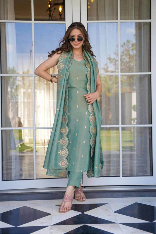 Trishla Teal Green Viscose Zari Chanderi Embroidered Kurta Set