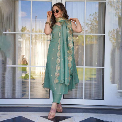 Trishla Teal Green Viscose Zari Chanderi Embroidered Kurta Set