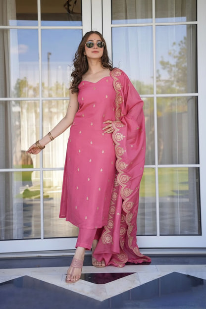 Gulika Fuchsia Pink Viscose Zari Chanderi Embroidered Kurta Set