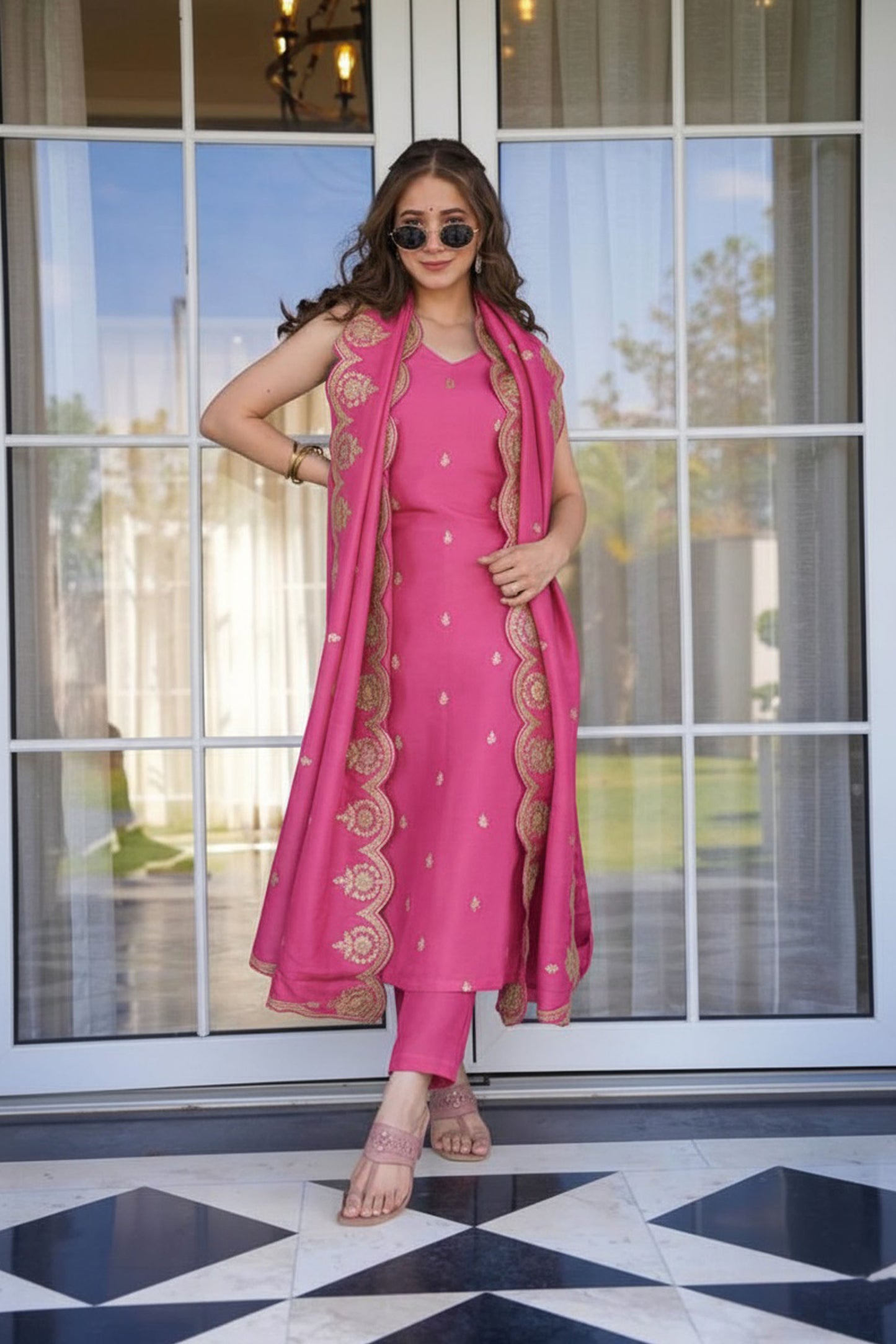 Gulika Fuchsia Pink Viscose Zari Chanderi Embroidered Kurta Set