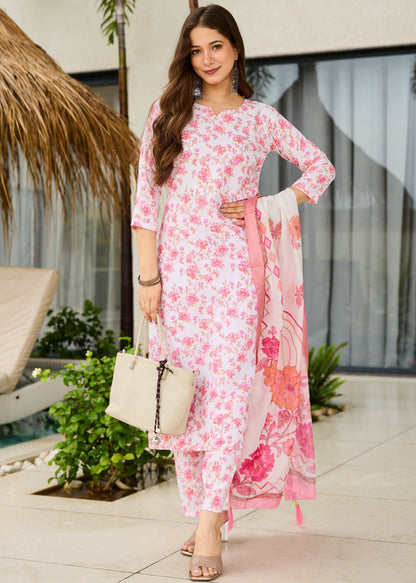 Phulwari White and Pink Ditsy Floral Print Kurta Set