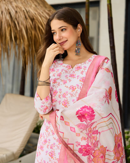 Phulwari White and Pink Ditsy Floral Print Kurta Set