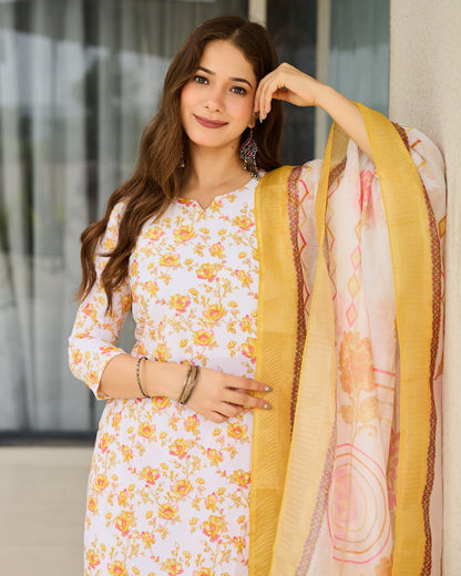 Phulwari White and Yellow Ditsy Floral Print Kurta Set