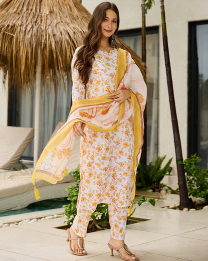 Phulwari White and Yellow Ditsy Floral Print Kurta Set
