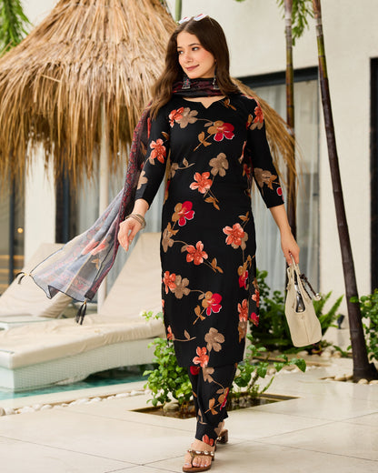 Nisha Noir Black Bold Floral Print Kurta Set