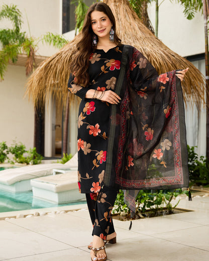 Nisha Noir Black Bold Floral Print Kurta Set